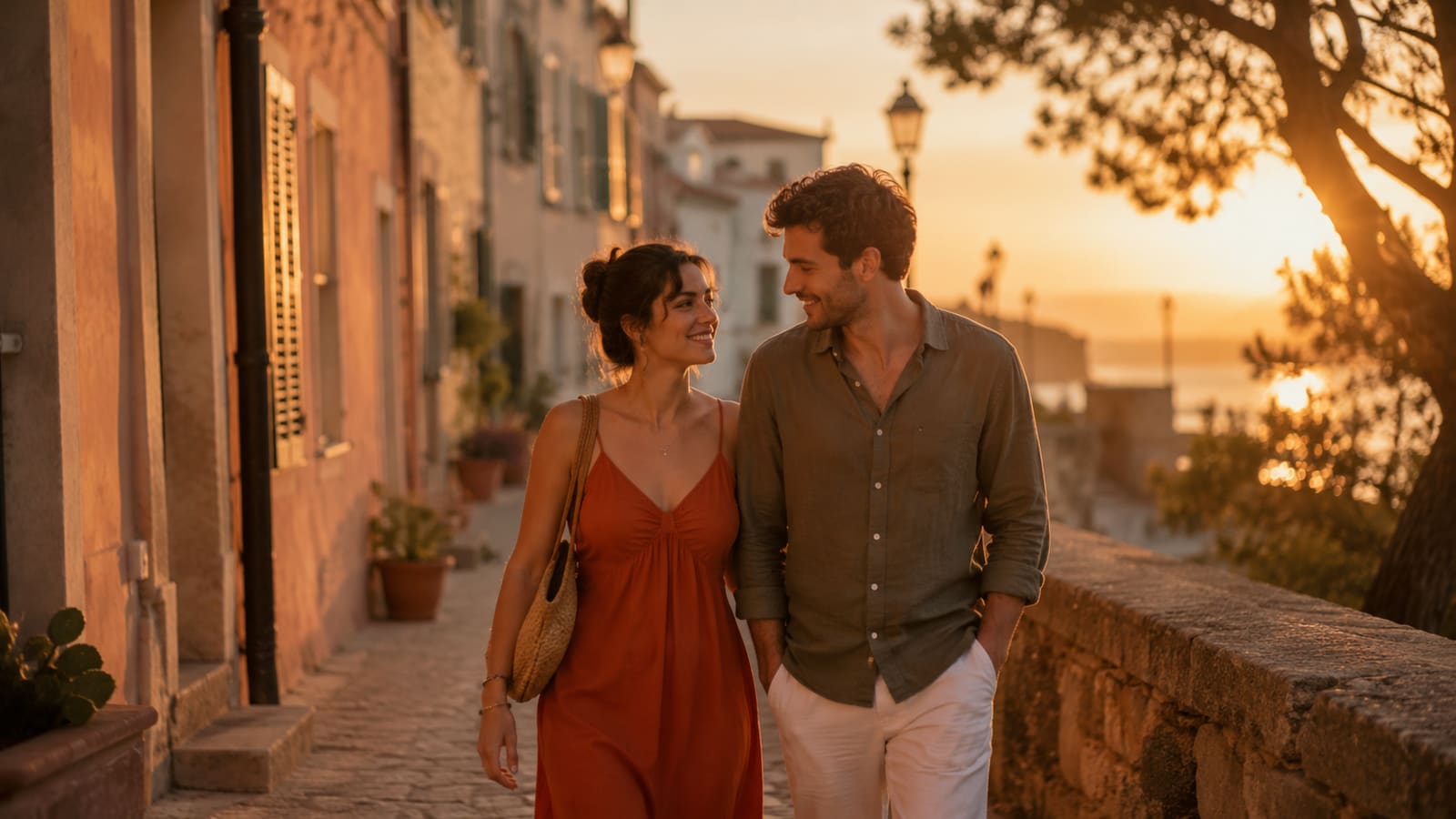 Couple qui se promène au coucher du soleil dans une ruelle de la vieille ville de Hyères