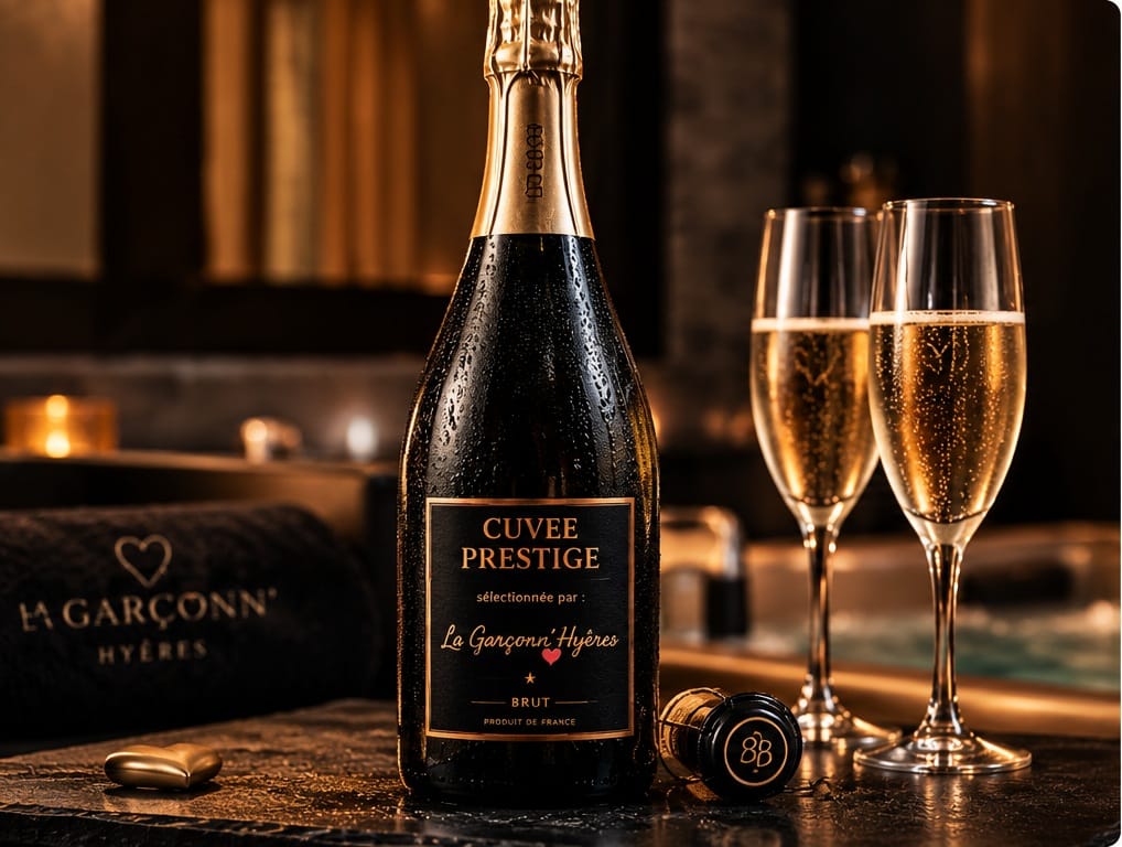Une bouteille de 75 cl à capsule dorée, étiquette noire et or portant « Cuvée Prestige, sélectionnée par La Garçonn&rsquo;Hyères, brut », posée sur un plan noir entre deux flûtes remplies et une serviette brodée au nom de la maison.