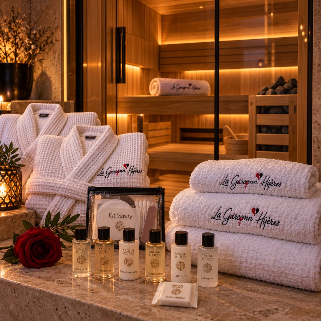 Deux peignoirs blancs en nid d&rsquo;abeille brodés La Garçonn&rsquo;Hyères et une pile de serviettes assorties, posés devant le sauna éclairé ; au premier plan une rose rouge, une pochette de nécessaire de toilette et une rangée de flacons d&rsquo;accueil avec un savon.