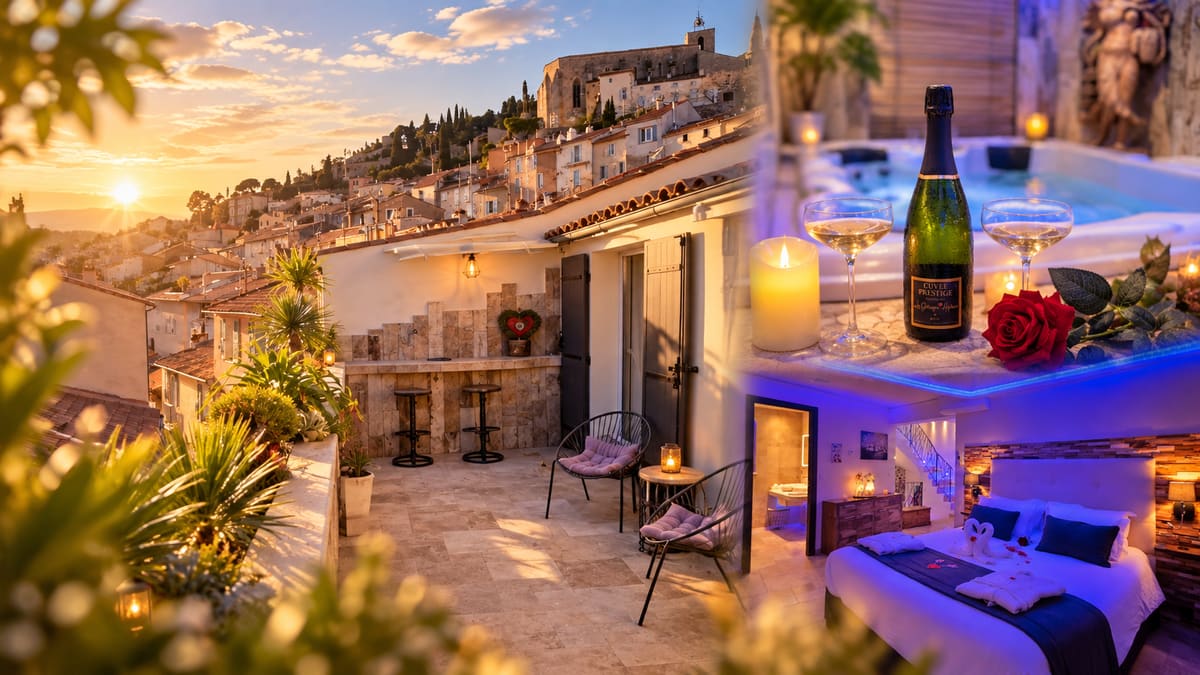La terrasse de La Garçonn’Hyères au coucher du soleil, nichée au cœur du centre historique de Hyères, au-dessus des toits de la vieille ville ; le jacuzzi et la chambre.