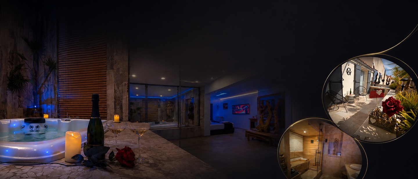 La suite en lumière bleue : jacuzzi, coupes et bougies ; en médaillons, la terrasse privative et le sauna.