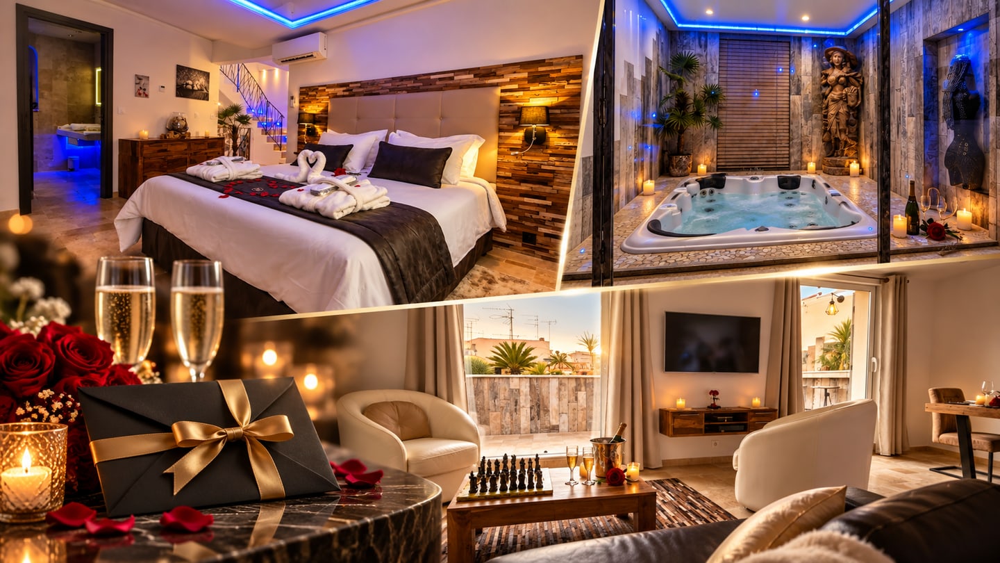 Quatre vues de la suite : la chambre et ses serviettes pliées en cygnes, le jacuzzi privatif, un coffret noir noué d’un ruban doré parmi des roses rouges, et le salon ouvert sur la terrasse.