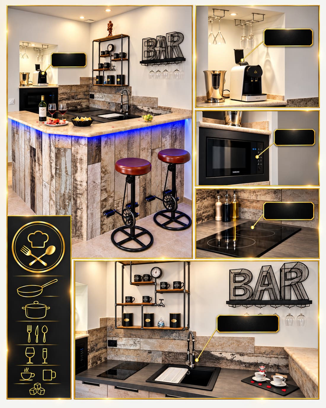 Le coin cuisine et le bar en bois de La Garçonn&rsquo;Hyères : le comptoir éclairé de bleu avec ses deux tabourets, l&rsquo;enseigne BAR et les verres suspendus, la machine à capsules, le micro-ondes encastré, la plaque à induction et l&rsquo;évier noir.