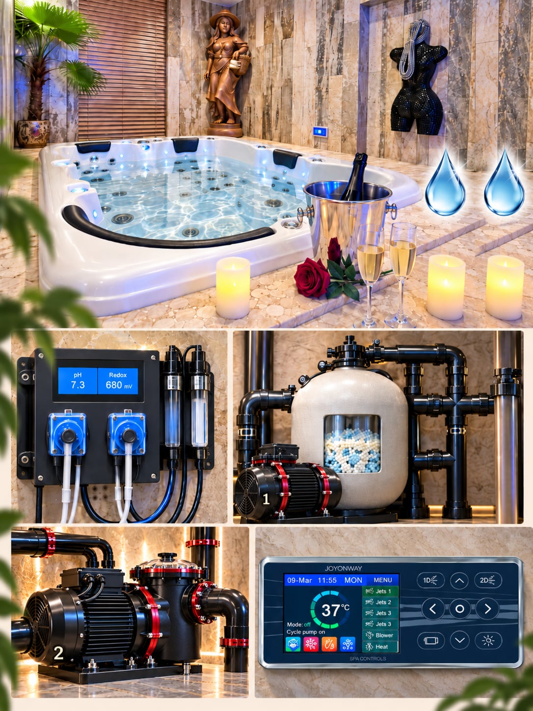 Le jacuzzi trois places et son installation technique : les deux pompes, le filtre à média de verre, le régulateur de pH et de Redox, et le tableau de commande numérique affichant 37 °C.