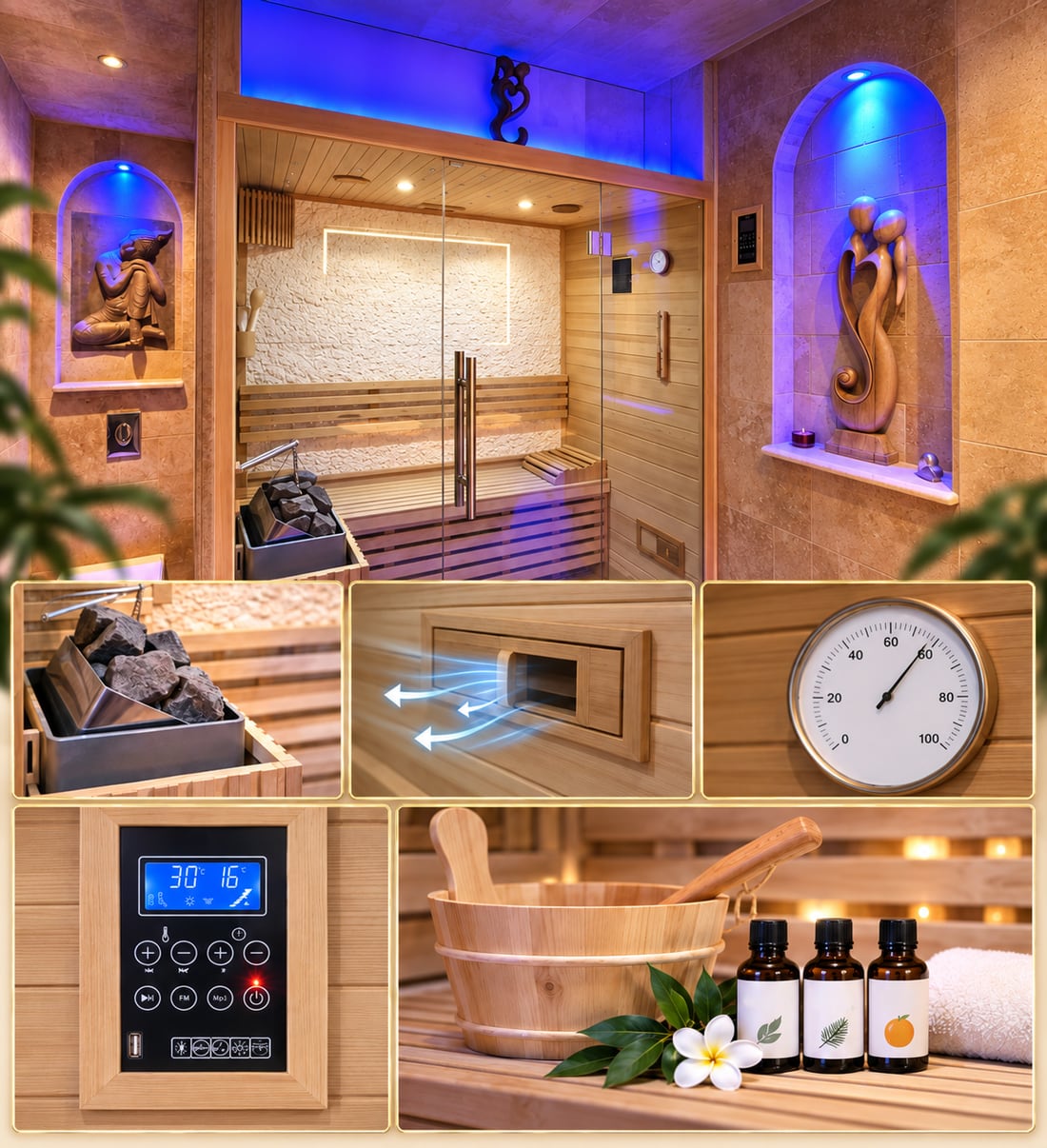 Le sauna finlandais en bois clair derrière sa porte vitrée, et ses équipements : le poêle garni de pierres de lave, la bouche de ventilation réglable, l&rsquo;hygromètre, la commande digitale et le seau de bois avec les huiles essentielles.