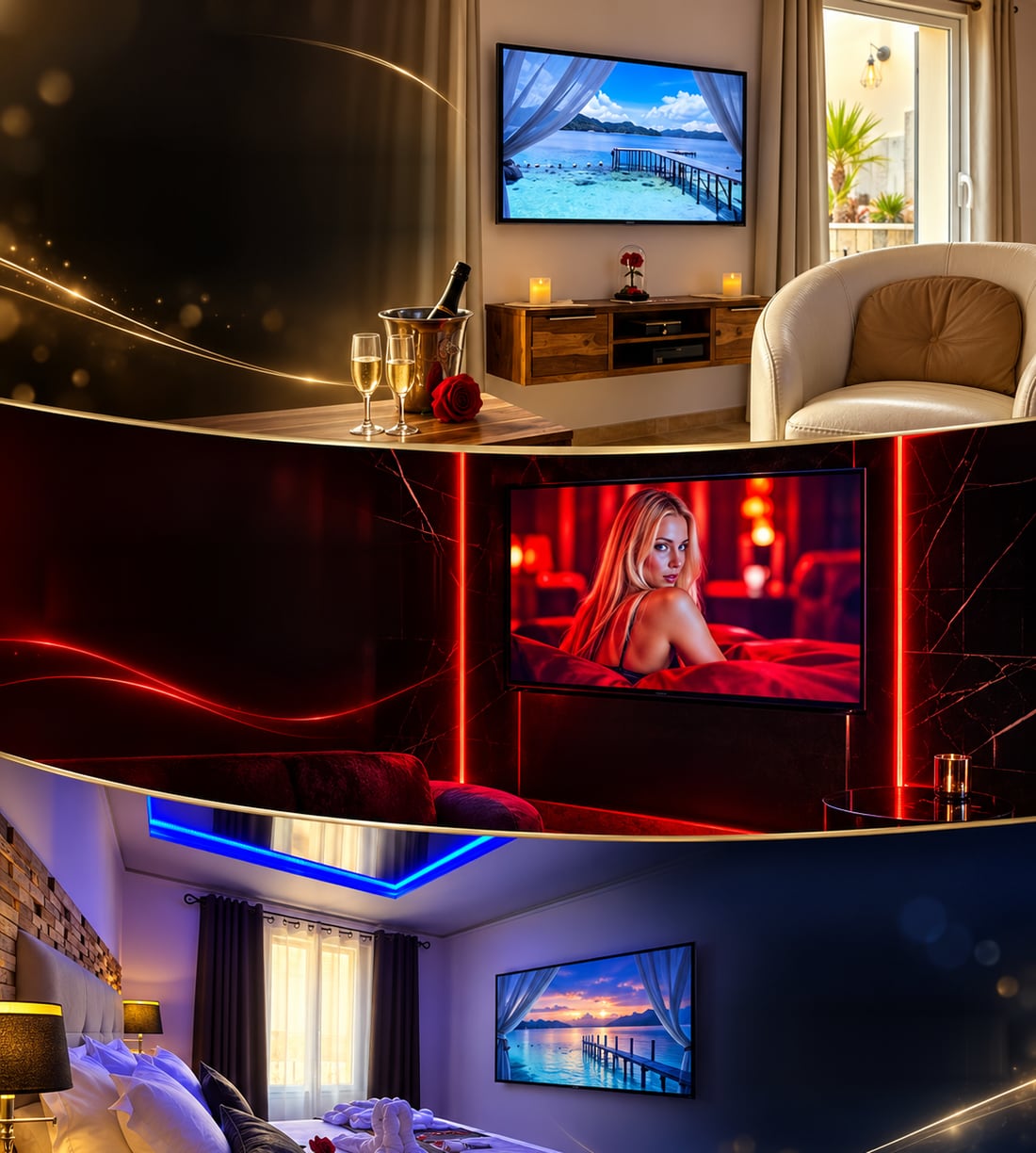 Les trois Smart TV de la suite : au-dessus du meuble du salon, sur le marbre noir de la Secret Room, et face au lit de la chambre. Chacune annonce le Wi-Fi, le Bluetooth, l&rsquo;USB et la recopie d&rsquo;écran.