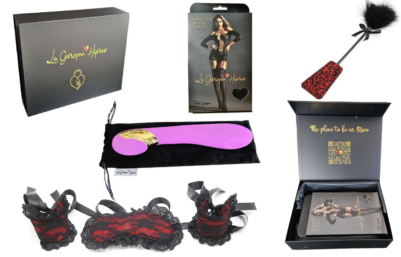 Le coffret Lovebox ouvert et les cinq pièces qu’il contient