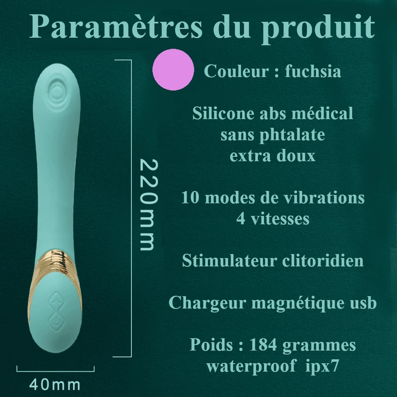 Fiche technique : 220 × 40 mm, 10 modes de vibration, 184 g, IPX7
