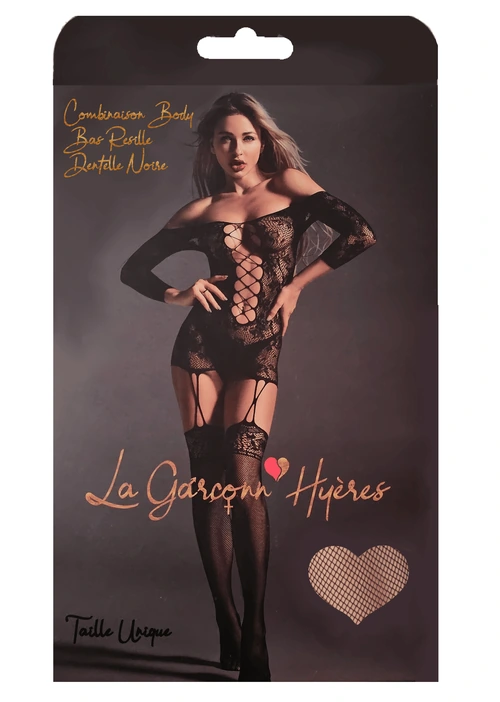 L’emballage de la combinaison : body, bas résille, dentelle noire, taille unique