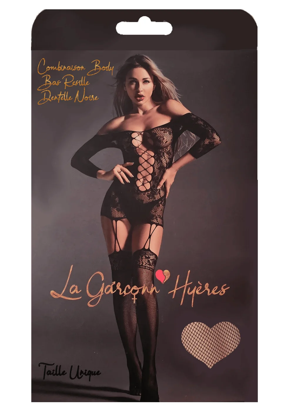 L’emballage de la combinaison : body, bas résille, dentelle noire, taille unique