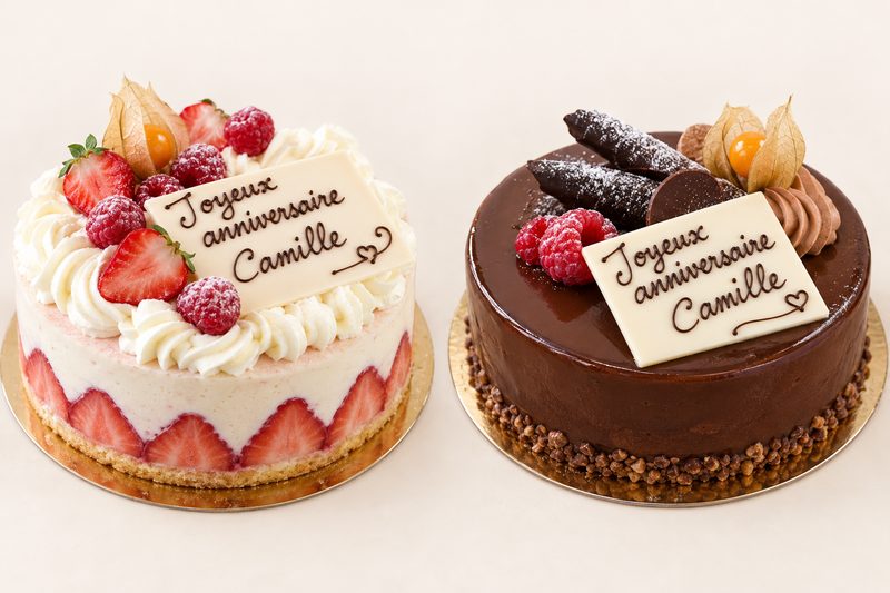 Montage illustratif de deux gâteaux, aux fruits et au chocolat, avec plaques Joyeux anniversaire Camille